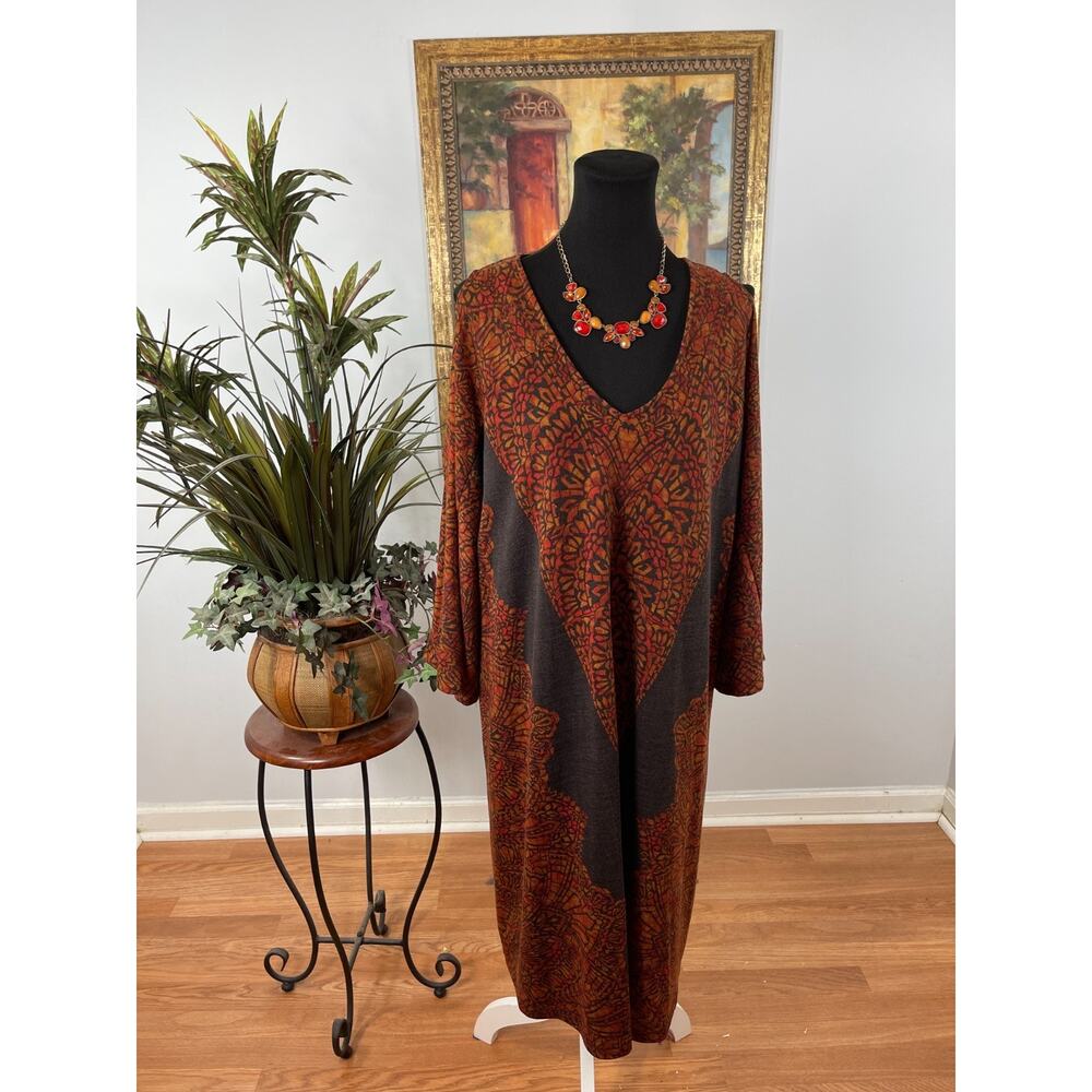Cato Kaftan Dress Women's 22/24W Orange Mandala Print Global Traveler Whimsigoth